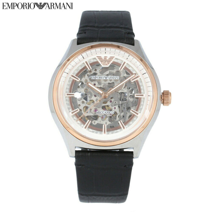 Emporio Armani Zeta Skeleton Automatic Silver Dial Black Leather Strap Watch For Men - AR60018 - Image 7